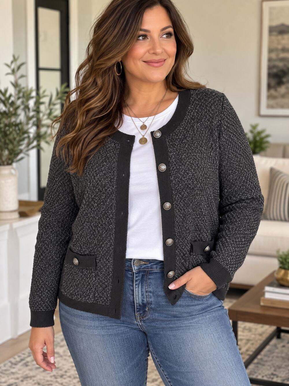 Torrid Button Up Gray Cardigan Sweater with black trim silver buttons size 3X
